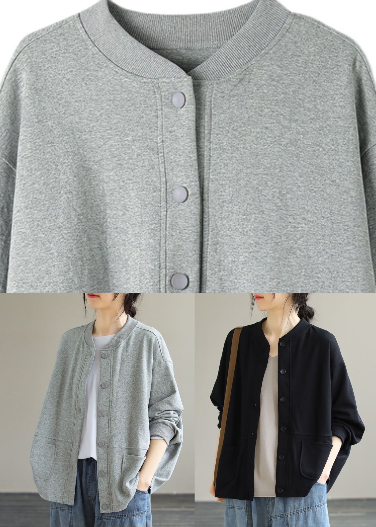 Brief Grey O-neck Button Cotton Coat Long Sleeve