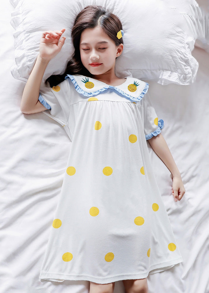 Brief White Peter Pan Collar Print Cozy Cotton Maxi Dresses Short Sleeve