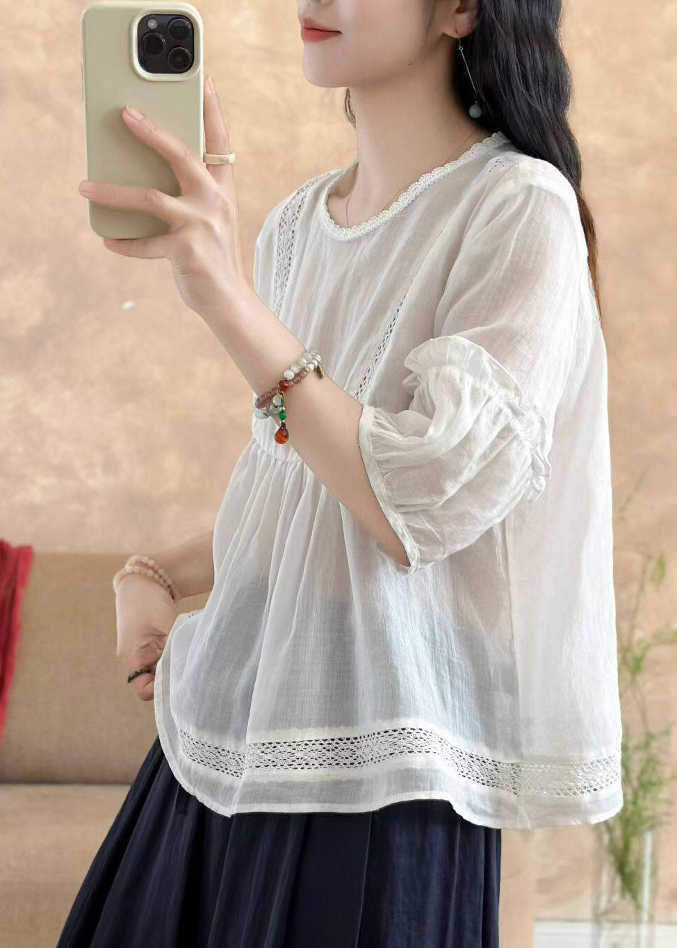 Brief Yellow O-neck Wrinkled Linen Top Half Sleeve