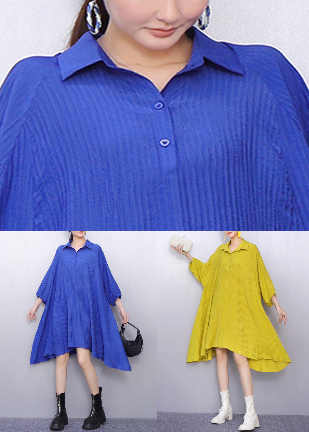 Bright Yellow Button Cotton Shirt Dresses Peter Pan Collar Bracelet Sleeve