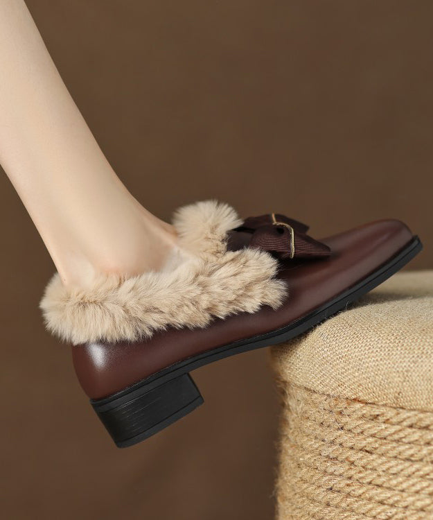 Brown Cowhide Leather Loafers Splicing Fuzzy Wool Lined