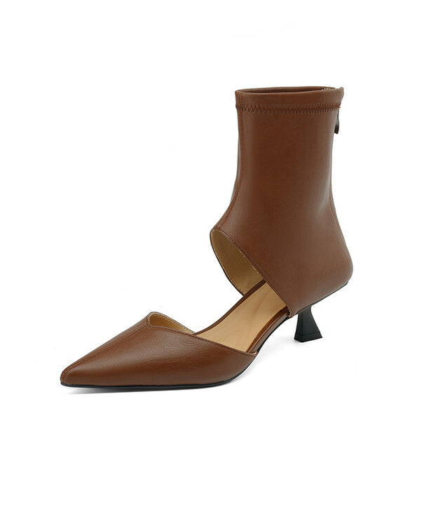 Brown High Heels Faux Leather Splicing Boots Hollow Out