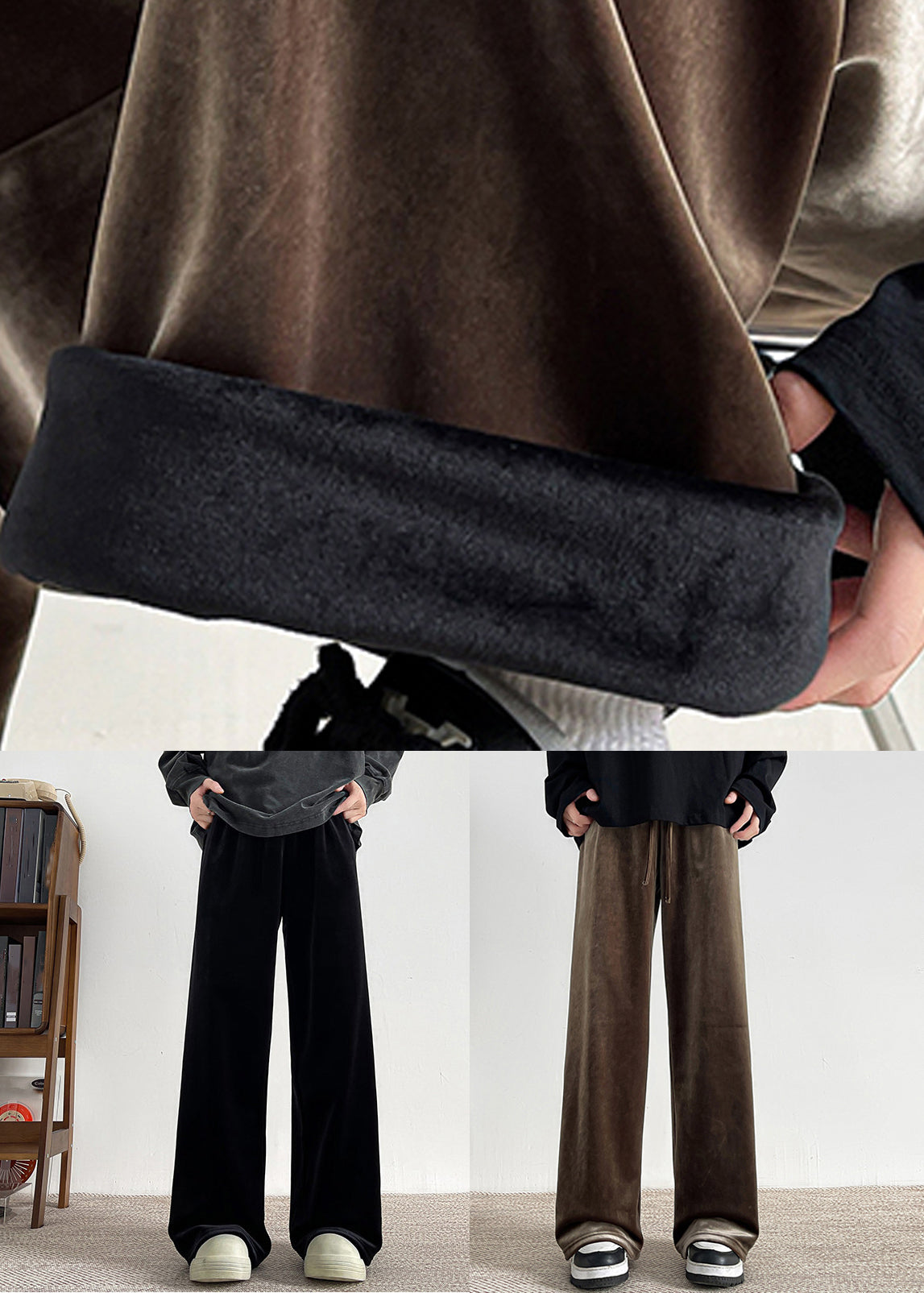 Brown Lace Up Velour Wide Leg Pants Elastic Waist Spring