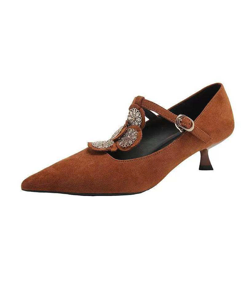 Brown Pointed Toe Suede Splicing High Heels