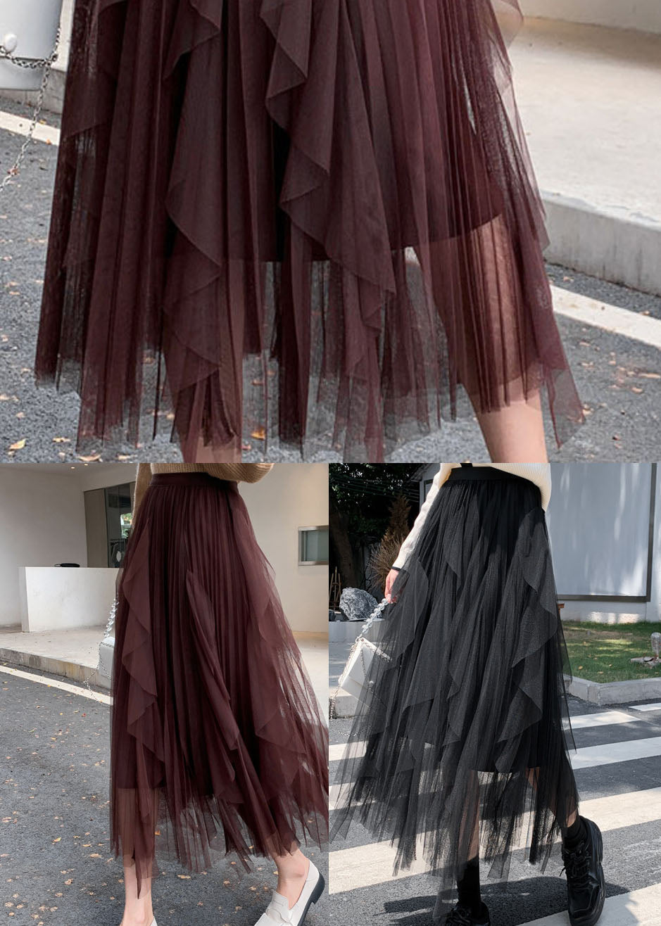 Brown Tulle Asymmetrical Pleated Skirt Spring