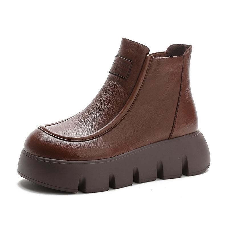 Brown Zippered Platform Cowhide Leather Boots Splicing Boots