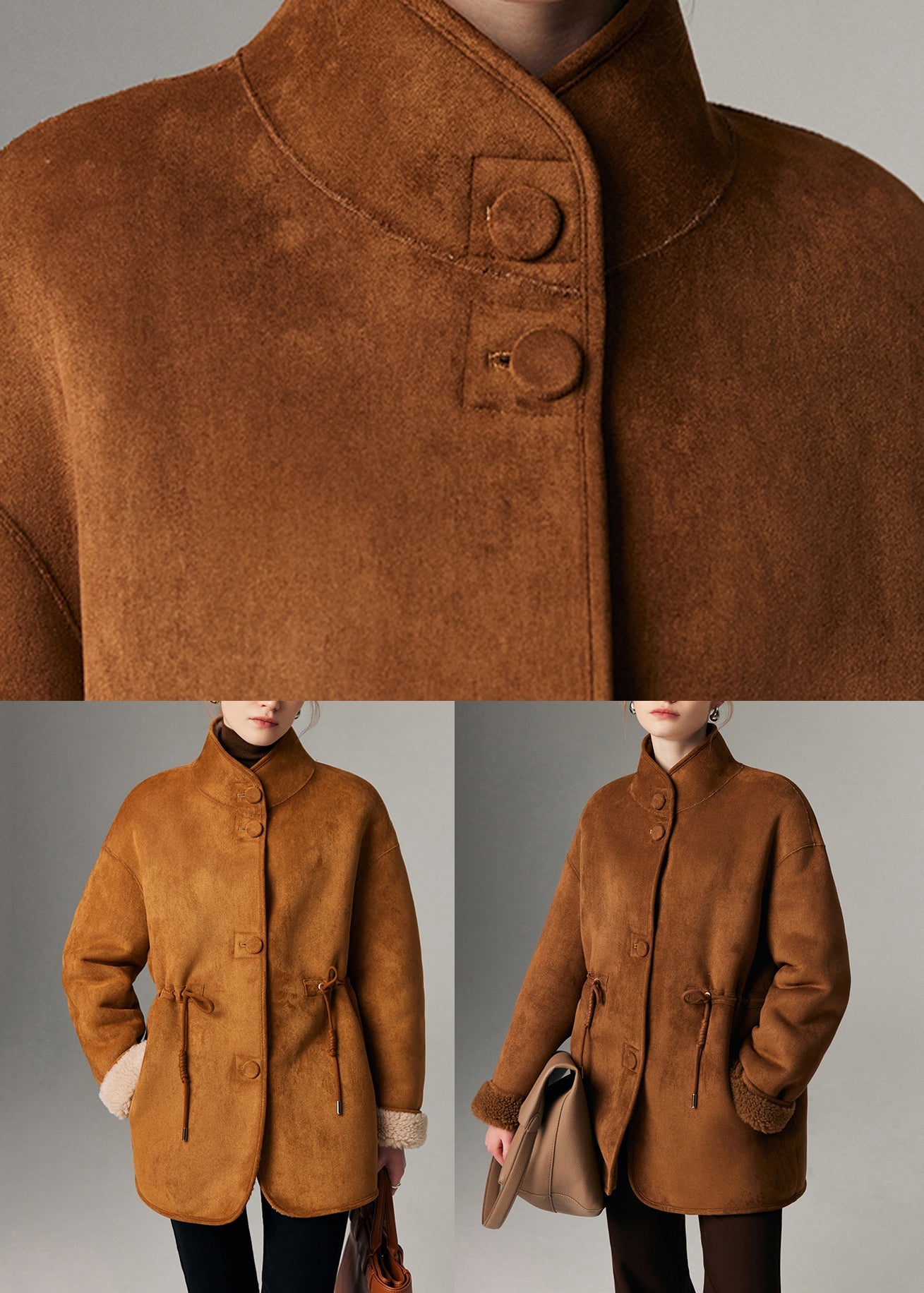 Camel Drawstring Button Wear on Both Sides Coats Winter