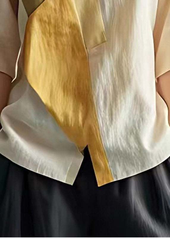 Apricot V Neck Patchwork Linen Blouse Top Summer
