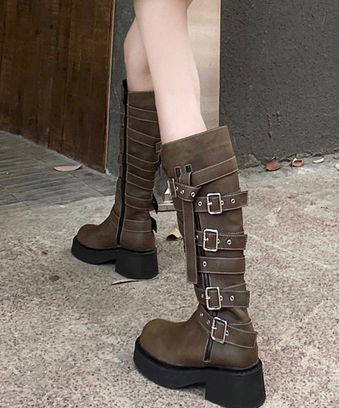 Army Green Buckle Strap Faux Leather Splicing Platform High Heel Boots