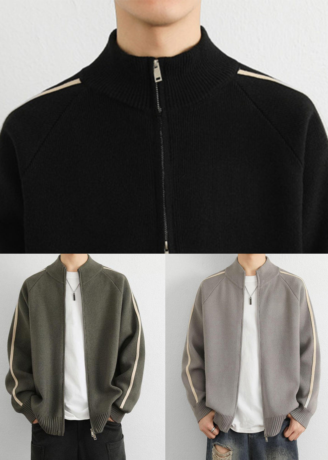 Army Green Zip Up Striped Thick Knit Sweater