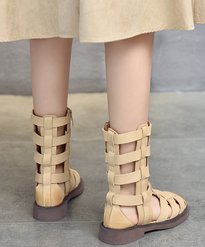Beige Cowhide Leather Splicing Cross Strap Boots