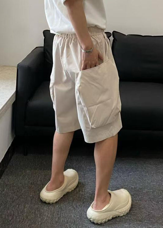 Beige Pockets High Waist Cotton Shorts Summer