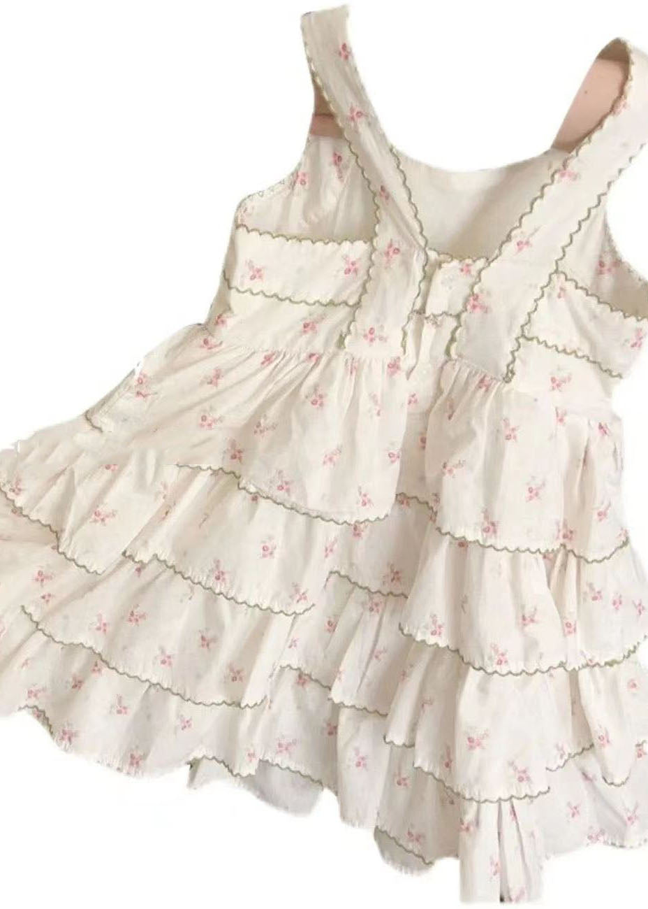 Beige Print Wrinkled Patchwork Cotton Kids Dress Summer