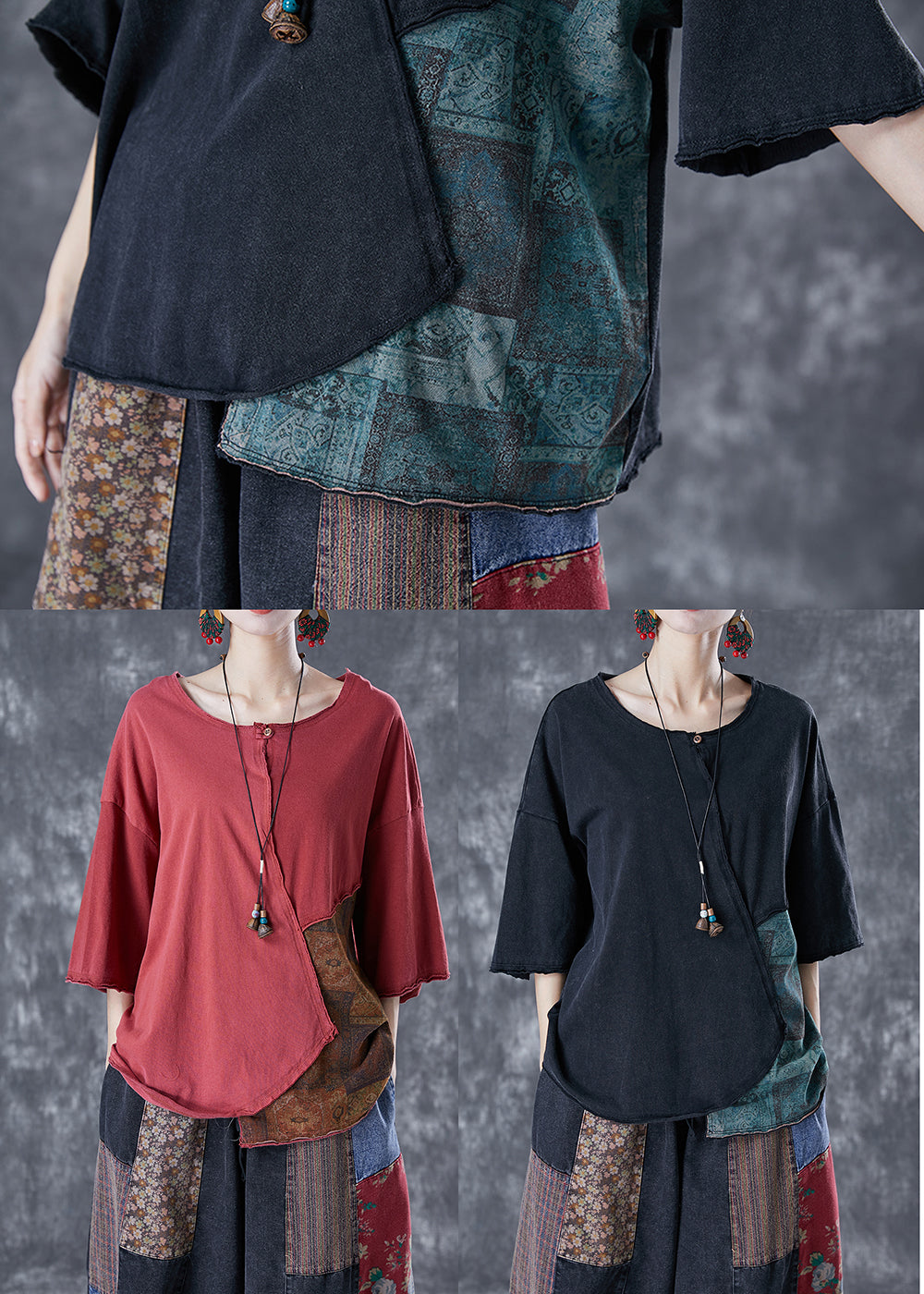 Black Asymmetrical Patchwork Cotton Tank Summer