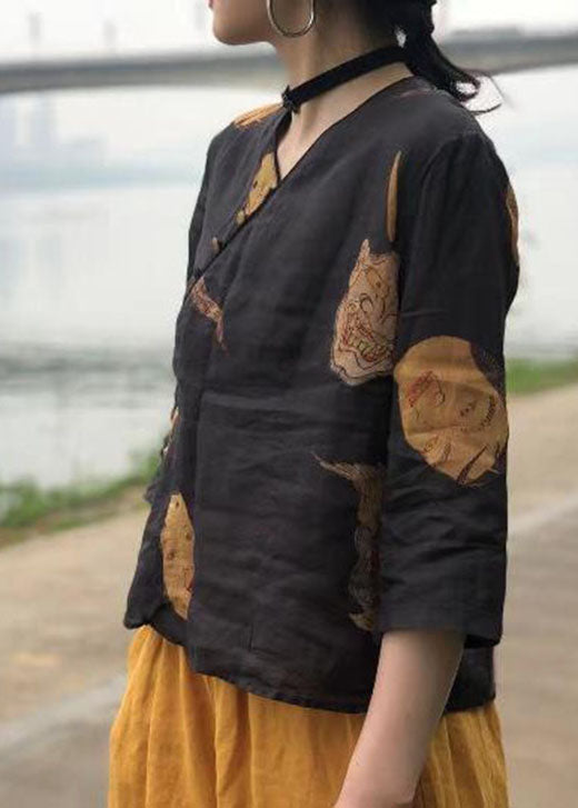 Black Button Print Linen Shirt Top Half Sleeve