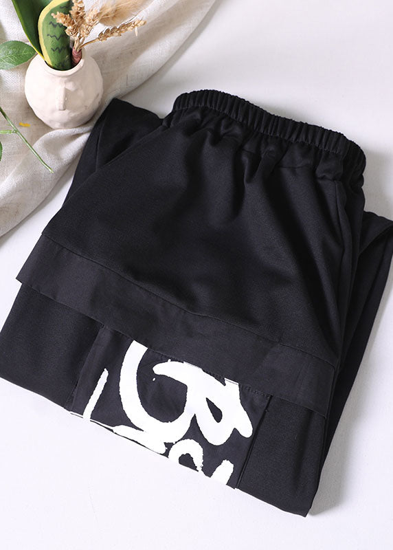 Black Elastic Waist Pockets Letter Print Cotton Crop Pants Summer