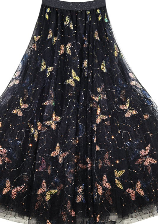 Black Embroidery Butterfly Sequins Tulle Summer Skirts