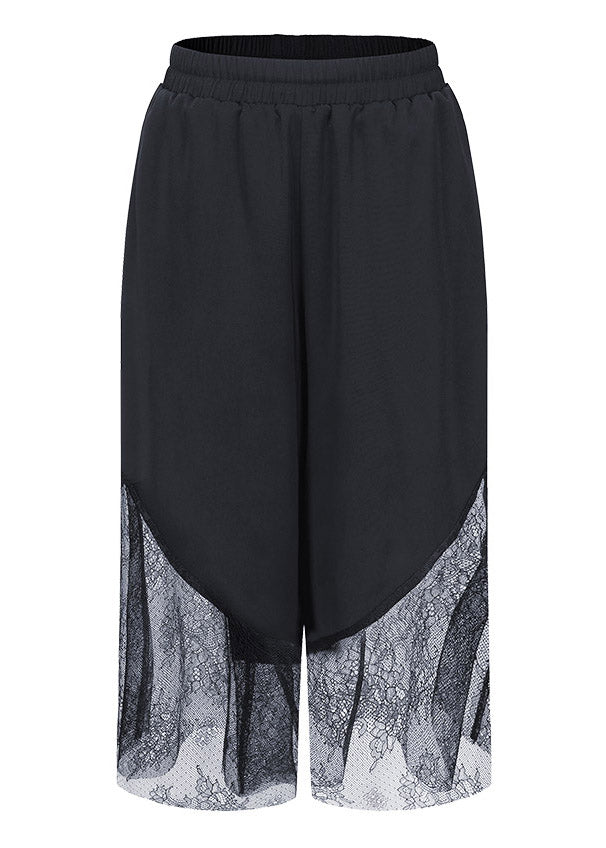 Black Lace Patchwork Chiffon Crop Wide Leg Pants Summer