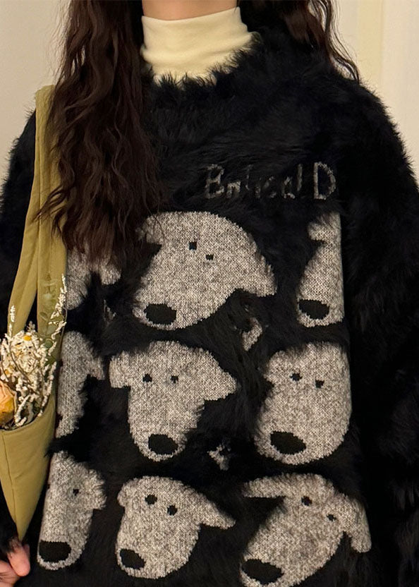 Black O Neck Dog Head Cozy Mink Velvet Sweater