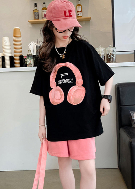 Black O-neck Print Kids Top and Shorts Two Pieces Set Summer