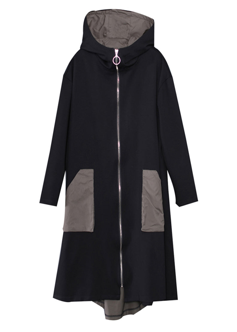Black Patchwork Zippered Long Hoodie Trench Coat Long Sleeve