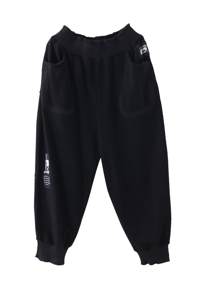 Black Print Pockets Elastic Waist Cotton Beam Pants Fall