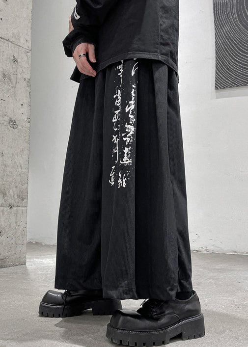 Black Print Pockets Elastic Waist Cotton Wide Leg Pants Fall
