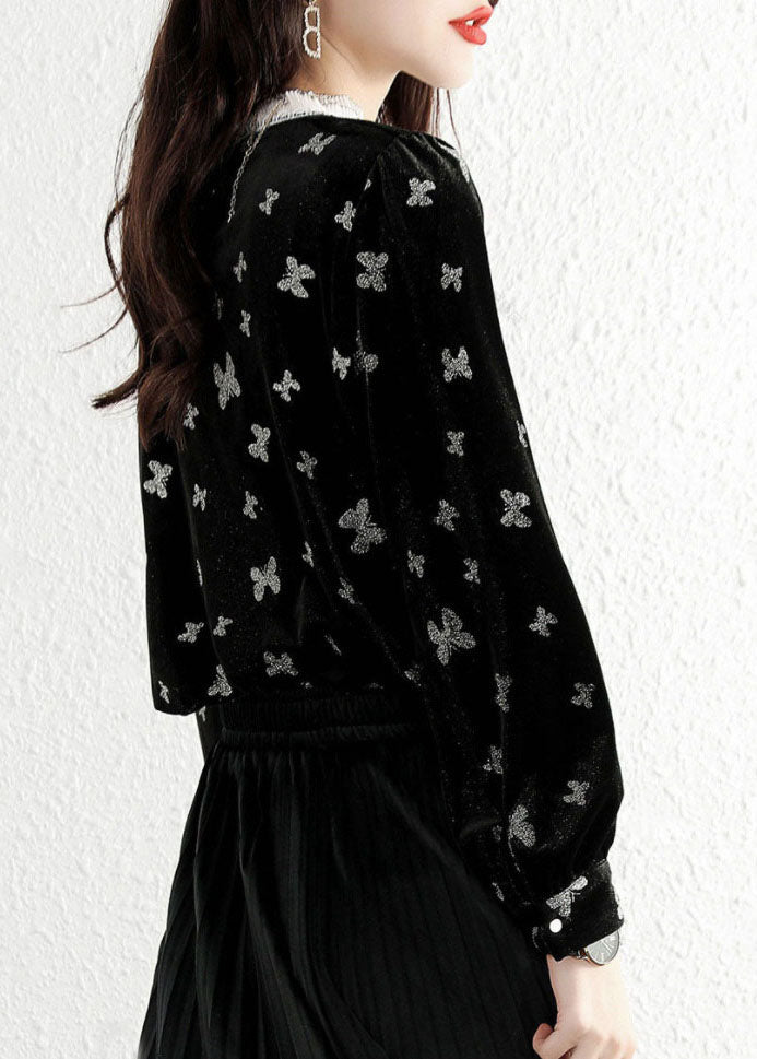 Casual Black Ruffled Butterfly Velour Shirt Top Spring