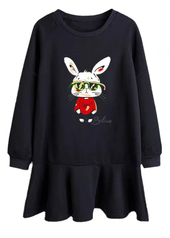 Black Ruffled Print Patchwork Cotton Dresses Fall