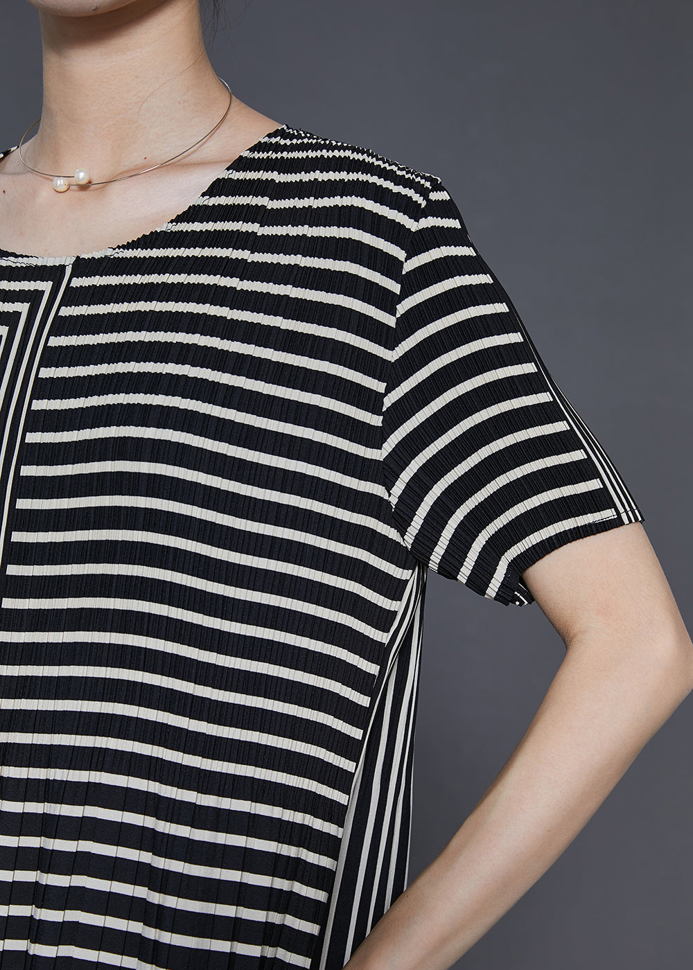 Black Striped Wrinkled Chiffon Long Dresses Summer