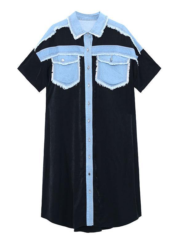 Black Summer Splicingpocke Patchwork Maxi Dresses Short Sleeve Cotton