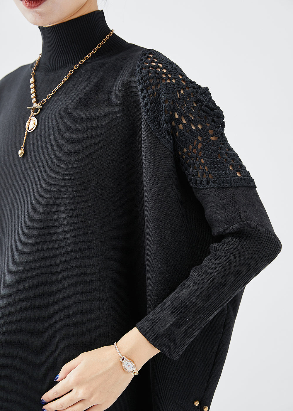 Black Turtle Neck Oversized Side Open Knit Top Fall