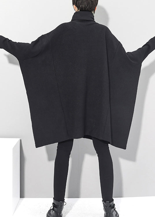Black Turtleneck Knit Mid Dresses Batwing Sleeve