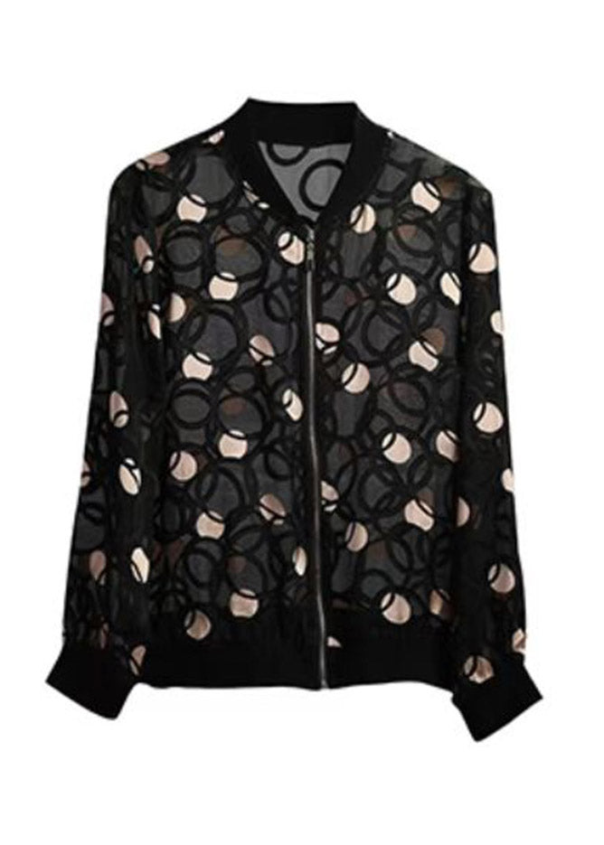 Black V Neck Print Zippered Silk Upf 50+ Coat Long Sleeve