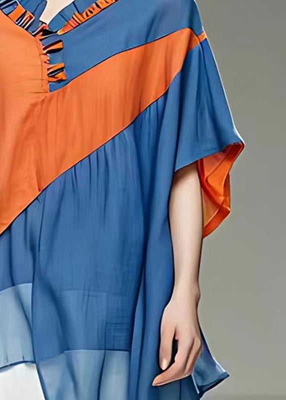 Blue O-neck Patchwork Chiffon Shirt Summer