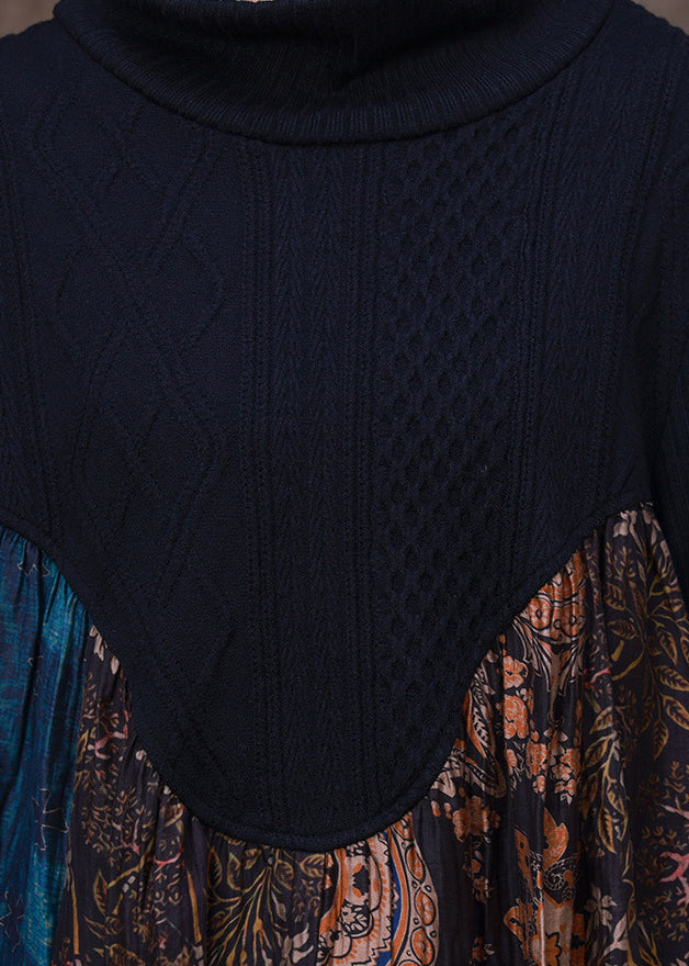 Blue Patchwork Chocolate Turtleneck Print Silk Maxi Dress Long Sleeve