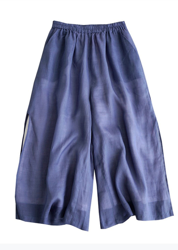 Blue Pockets Elastic Waist Cotton Crop Pants Summer