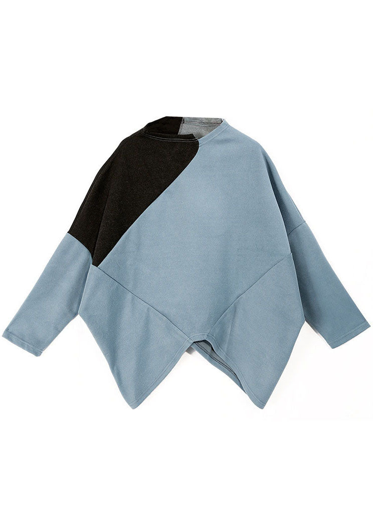 Casual Blue Turtle Neck Patchwork Tops Spring