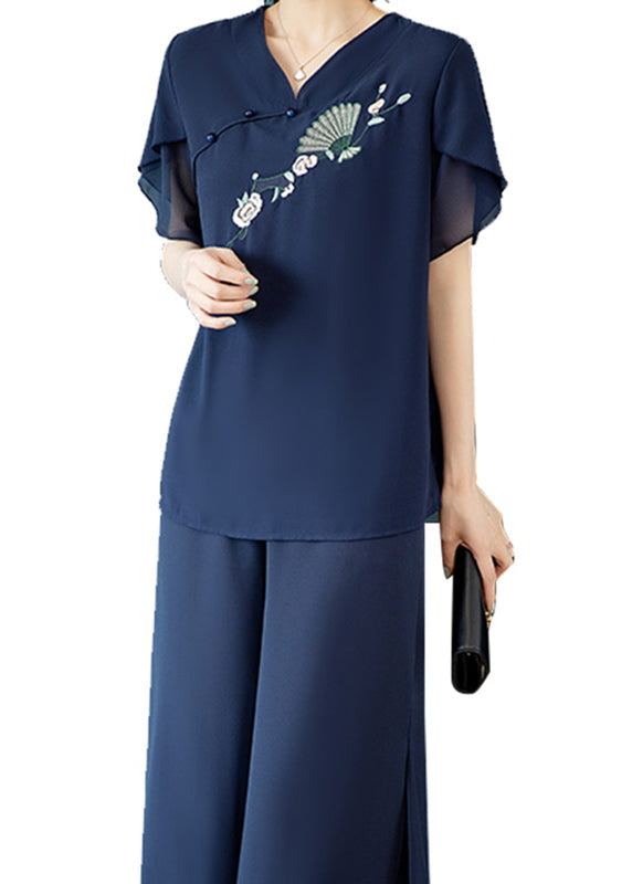 Blue V Neck Embroidered Chiffon Top and Crop Pants Two-piece Set Summer