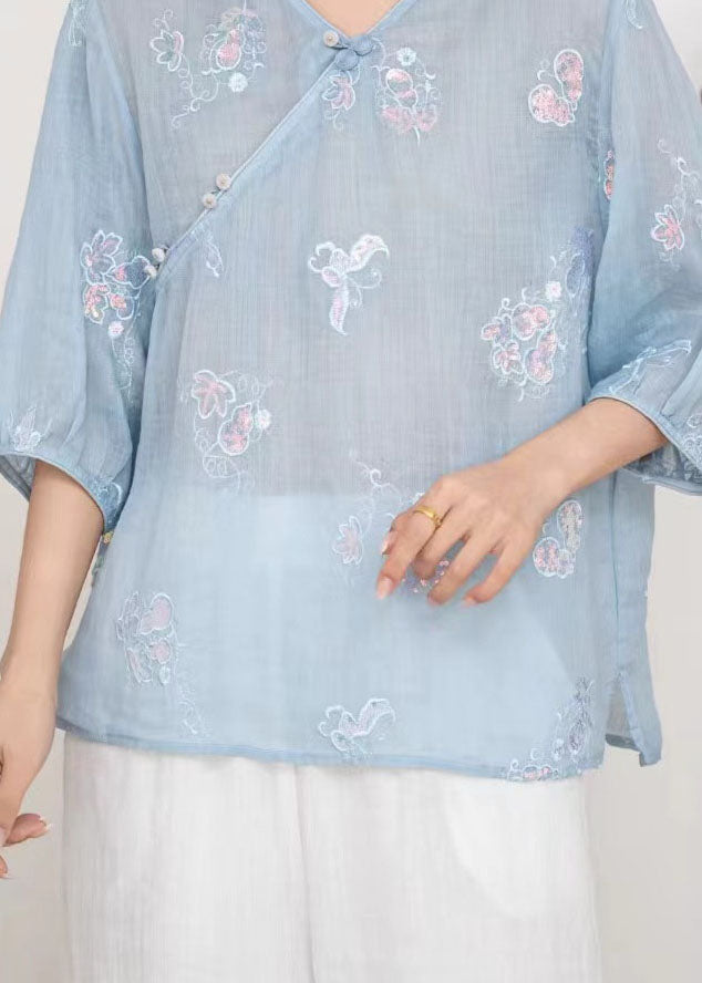 Blue V Neck Embroidered Linen T Shirt Tops Summer