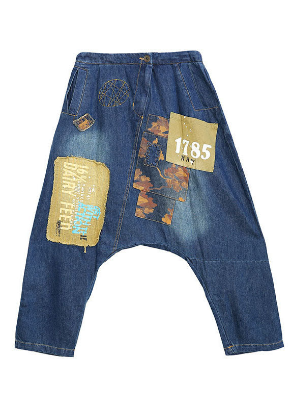 Blue Pockets Patchwork Harem Pants Spring