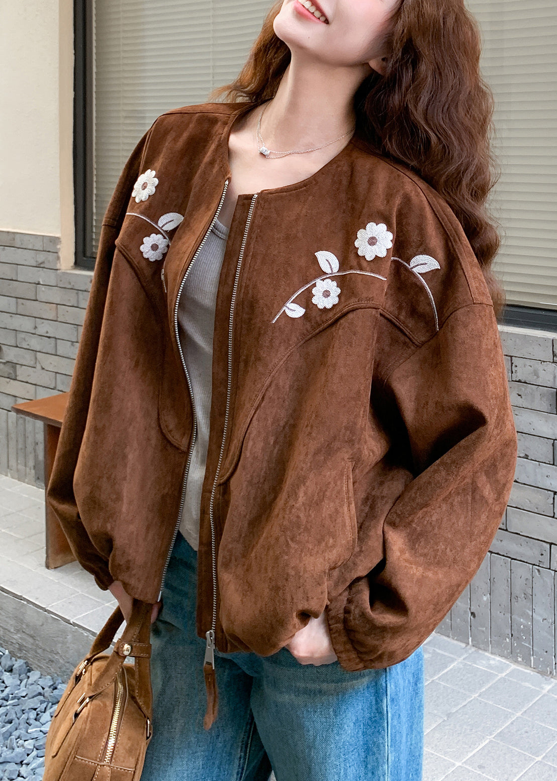 Brown Embroidered Faux Suede Jacket Spring