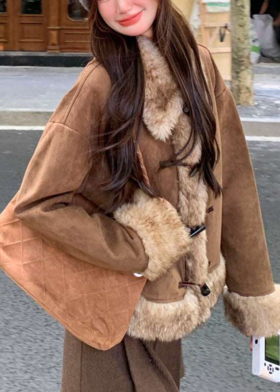 Brown Oversized Patchwork Faux Suede Coat Winter