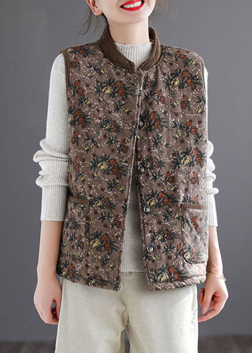 Brown Stand Collar Print Fine Cotton Filled Vest Sleeveless