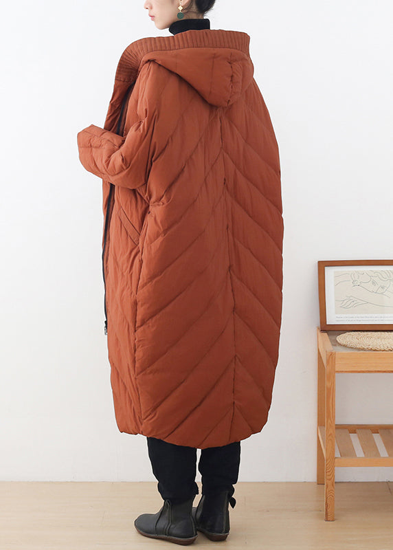 Caramel Zippered Button Pockets Hooded Down Coat Long Sleeve