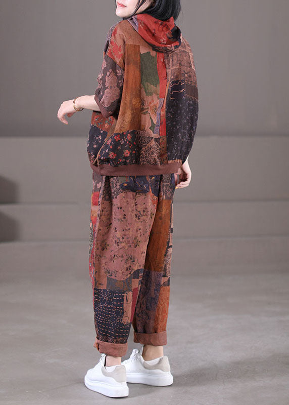 Chocolate Hooded Drawstring Print Linen Tops and Pants Two Pieces Set Summer
