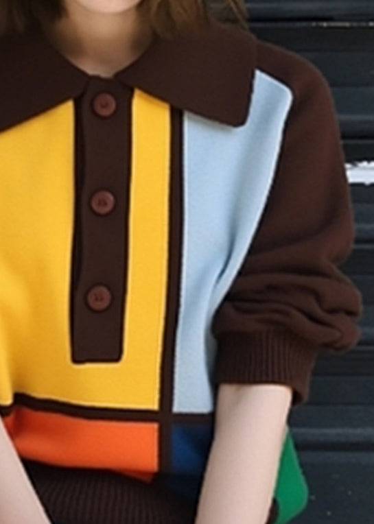 Coffee Peter Pan Collar Button Patchwork Knit Sweaters Fall