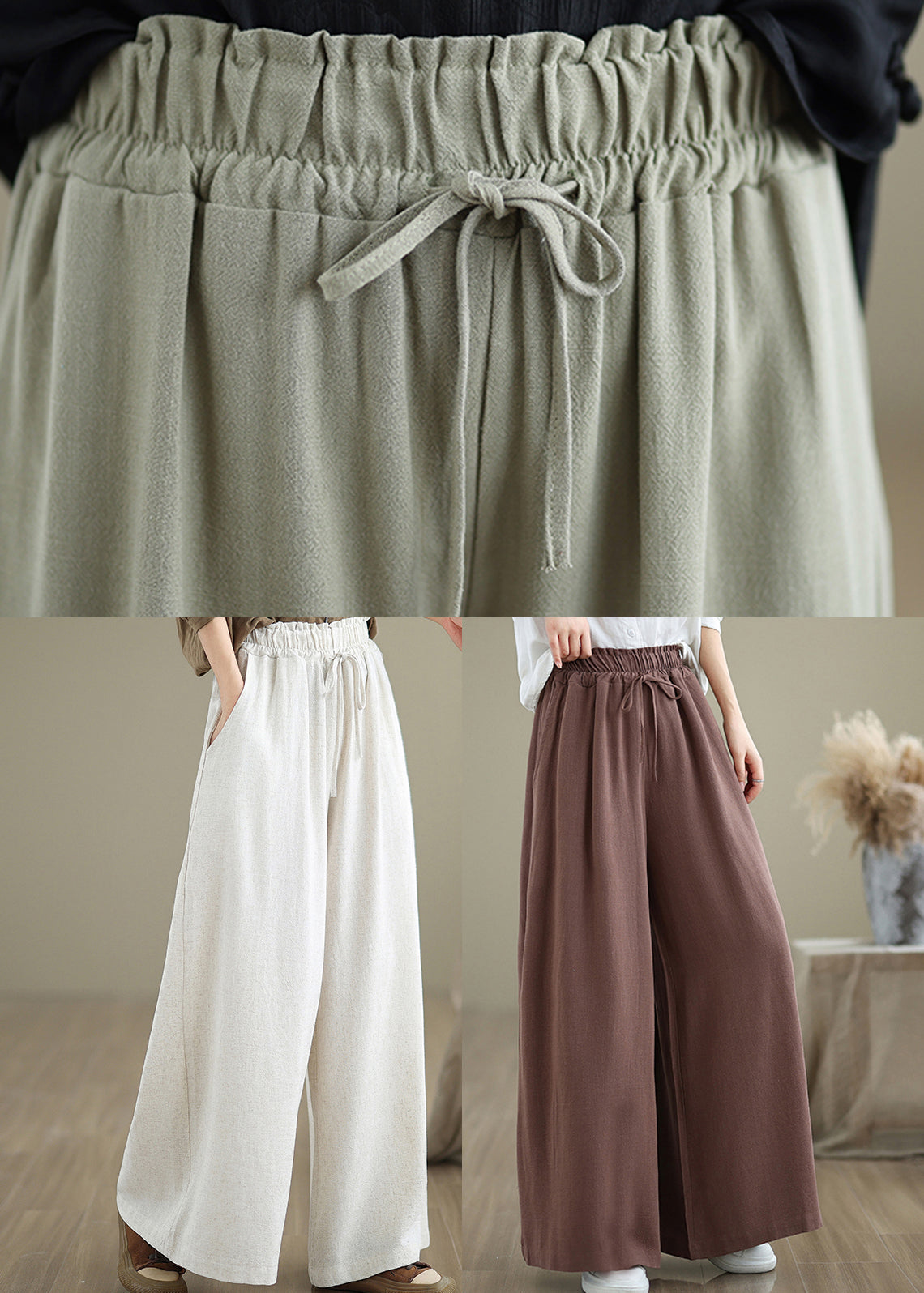 Coffee Pockets Drawstring Cotton Wide Leg Pants Fall