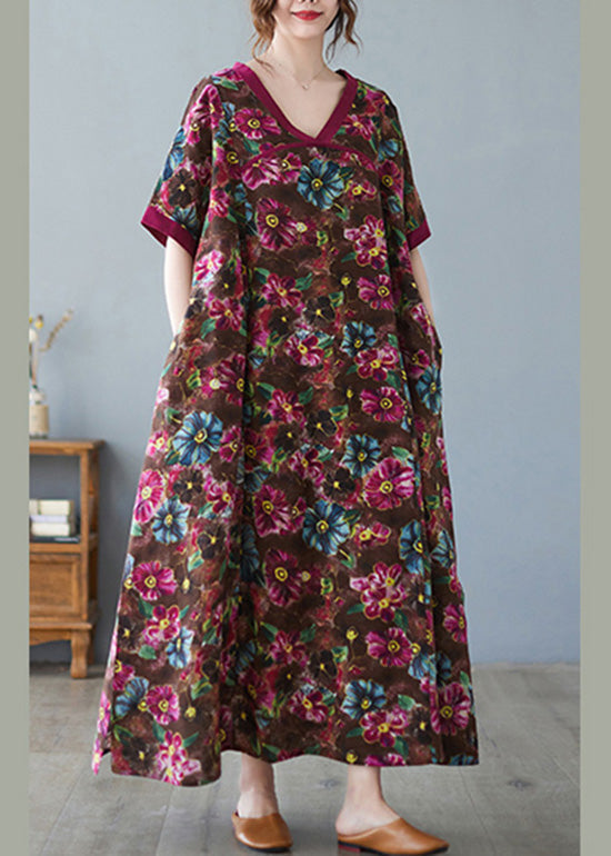 Coffee V Neck Print Cozy Maxi Dress Short Sleeve