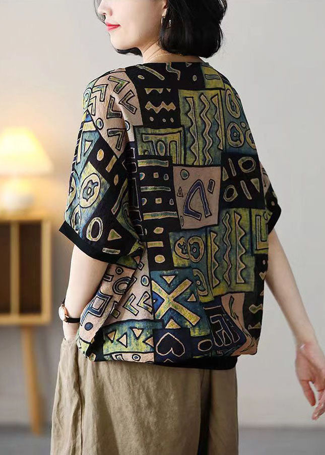 Colorblock V Neck Print Drawstring Cotton Shirt Tops Summer